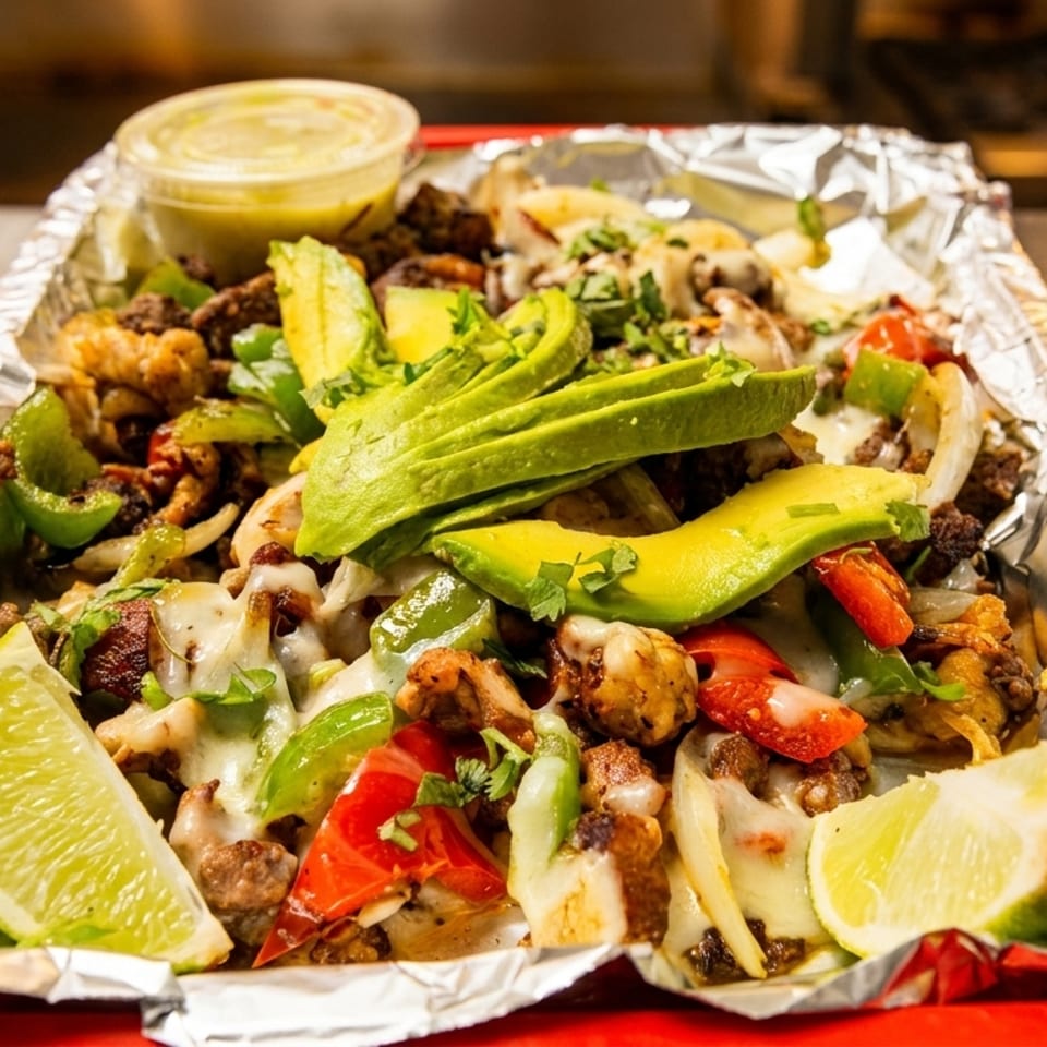 Foil-lined tray of fajita-style meat, peppers, onions, melted cheese, avocado, and lime wedges.