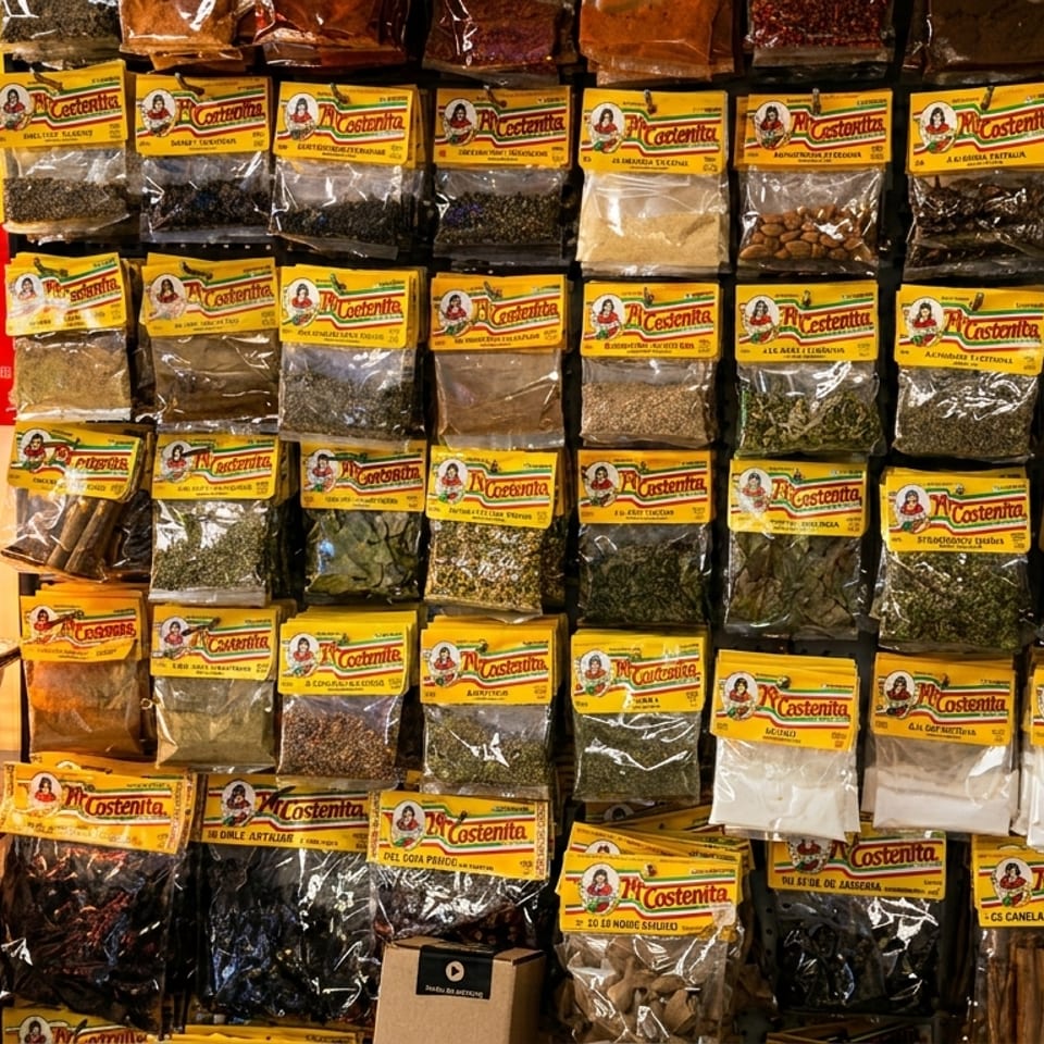 A wall display of various spices and herbs in small clear bags with yellow labels, next to a food warmer.