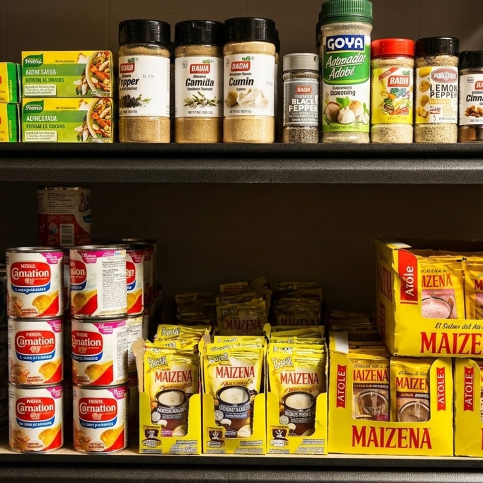 A pantry shelf filled with various spices, canned goods, and boxed food items.