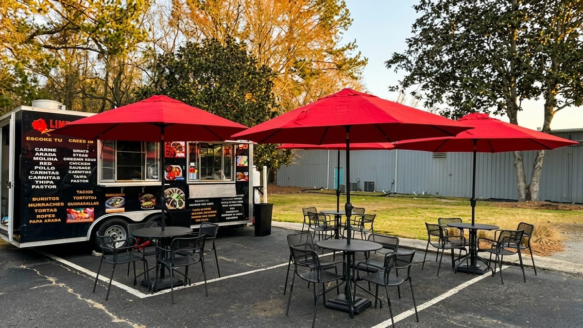 Food truck, red umbrellas, walk right up