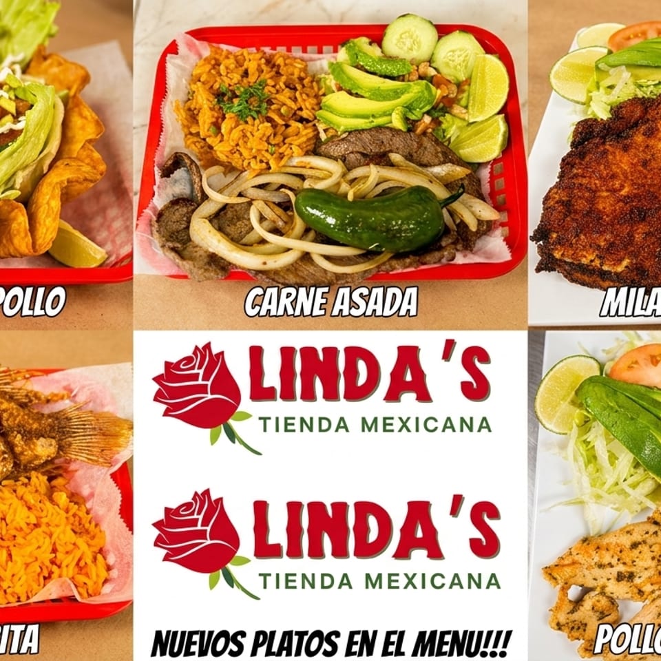 A collage of five Mexican dishes: chicken salad, carne asada, breaded chicken, fried fish, and grilled chicken.