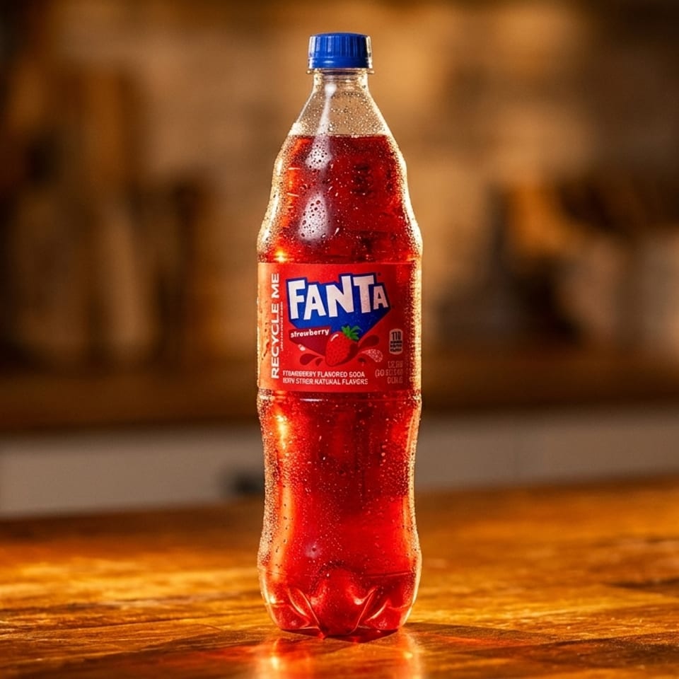 A cold, condensation-covered bottle of strawberry Fanta soda stands on a rustic wooden table.