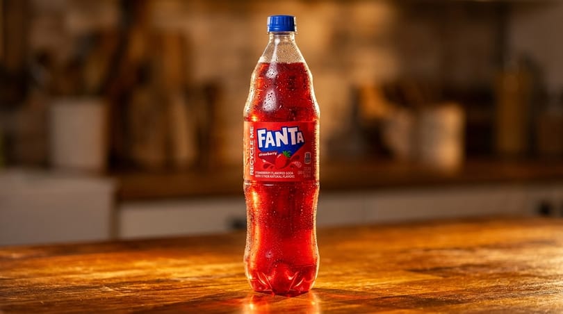 A cold, condensation-covered bottle of strawberry Fanta soda stands on a rustic wooden table.